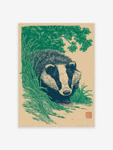 Illustrative badger wall art print with green foliage and dark blue badger in linocut style