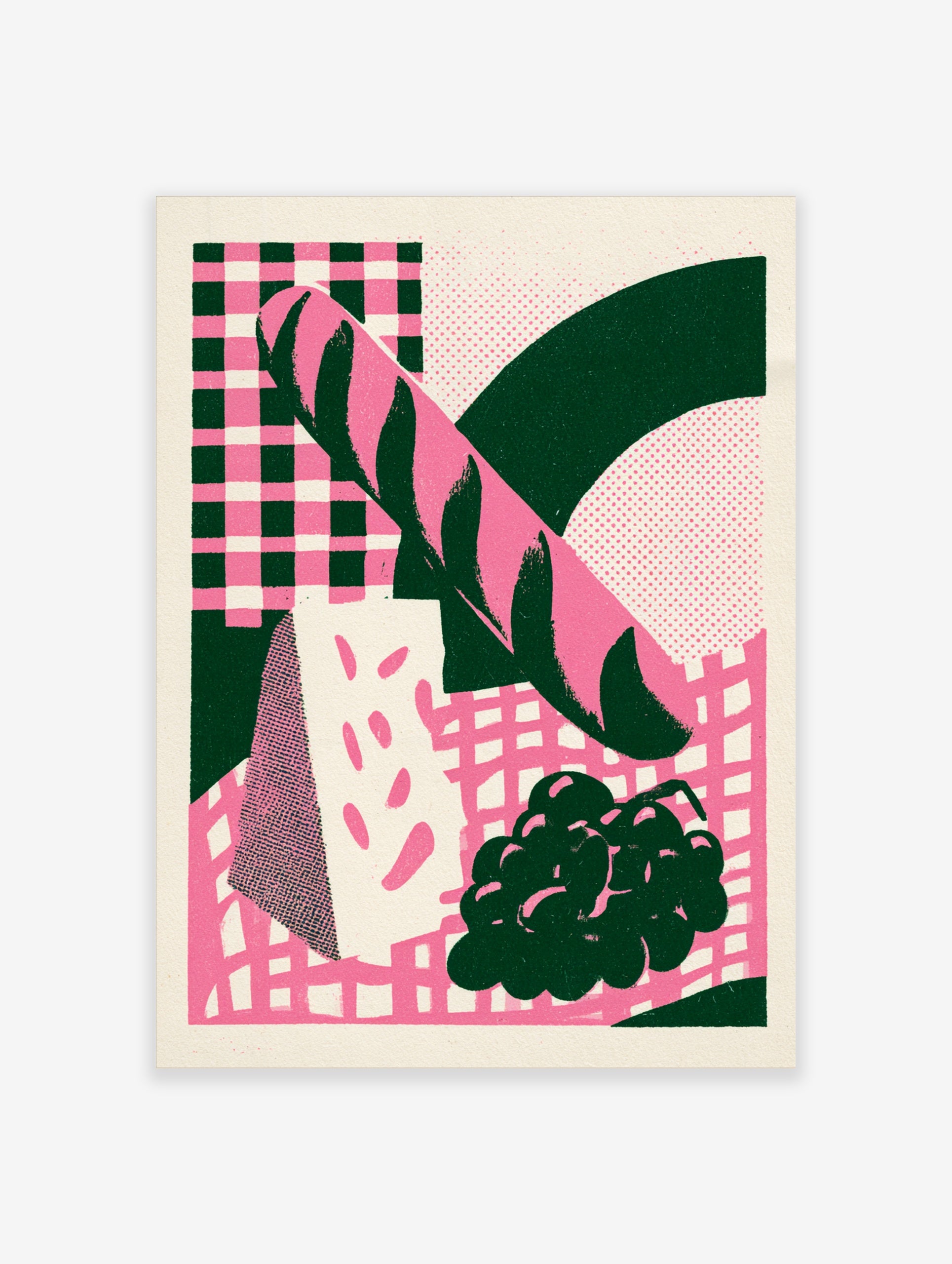 Retro illustration of a baguette, cheese, and grapes in pink and dark green on a checkerboard background