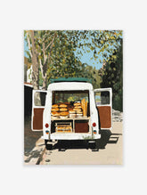 Painterly art print of a white bakery van with open doors, displaying bread and baguettes against trees