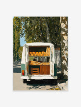 Impressionistic painting of a white and green bakery van with open doors displaying shelves of baguettes and round bread