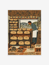 Bakery wall art print of a baker arranging loaves on shelves, with tiled floor and mountain window view