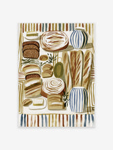 Bakery wall art with breads, pastries, blue striped vases, and olive branches on striped background