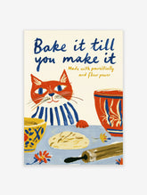 Red and white cat in blue striped apron baking dough with rolling pin, blue text 'Bake it till you make it' on cream