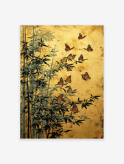 Asian-style bamboo and monarch butterfly wall art print on a textured gold background, featuring dark green leaves.