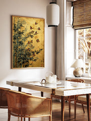 Asian-style bamboo and monarch butterfly wall art print on a textured gold background, featuring dark green leaves. - Image 3