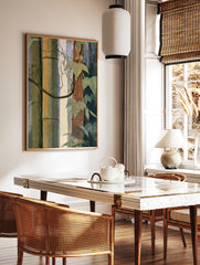 Botanical wall art print featuring segmented bamboo stalks, green ivy leaves, and organic vines on, in a styled room mockup