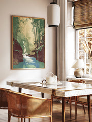 Illustrated landscape print of a serene bamboo forest with a waterfall and river. Green and earthy tones. - Image 2