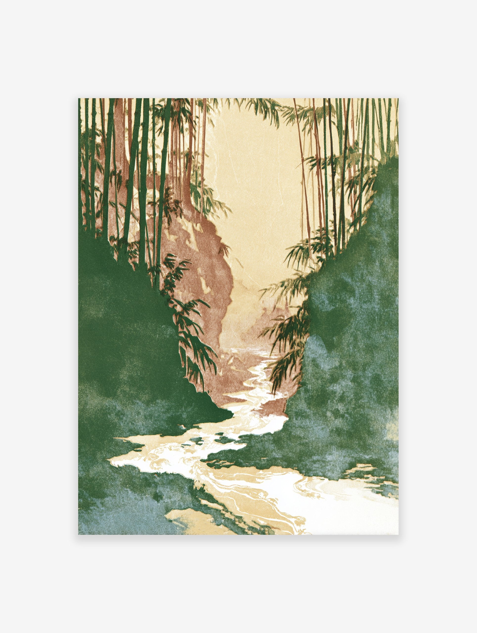 Japanese style bamboo forest wall art print with a winding river and lush green foliage under a warm, earthy sky.