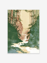 Japanese style bamboo forest wall art print with a winding river and lush green foliage under a warm, earthy sky.