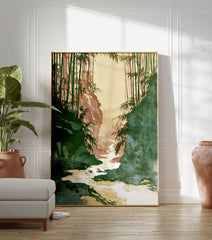 Japanese style bamboo forest wall art print with a winding river and lush green foliage under a warm, earthy sky. - Image 3
