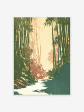 Japanese woodblock style art print of a serene bamboo forest with a winding river and earthy tones.