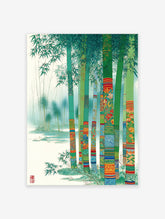 Vibrant green bamboo wall art with colorful patterned stalks and lush leaves in a misty Asian-inspired forest scene.