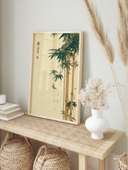 Traditional Japanese bamboo wall art print with green leaves, golden stalks, and hanging water droplets on a light background. - Image 3