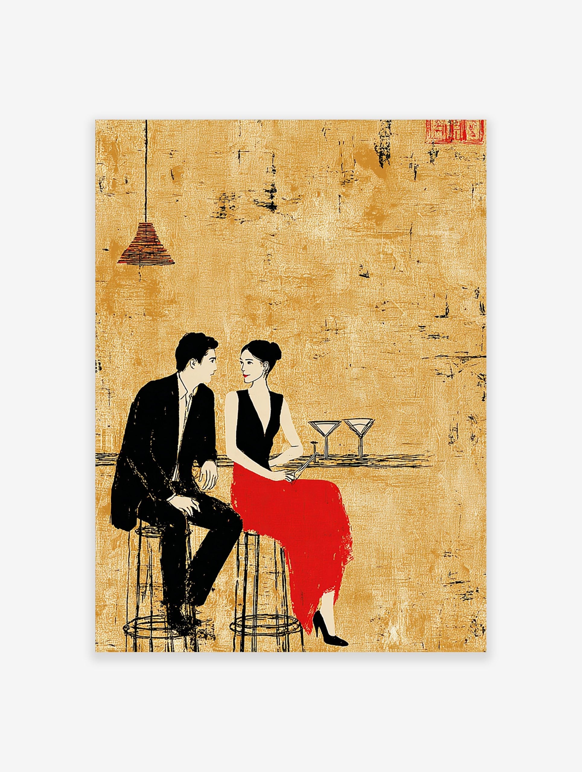 Illustrative print of a man in black suit and woman in red skirt at a bar, textured gold background