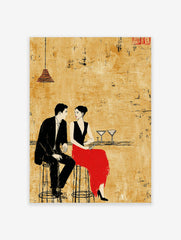 Illustrative print of a man in black suit and woman in red skirt at a bar, textured gold background