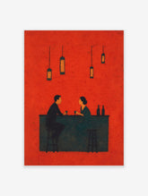 Minimalist illustrative art print of two people at a bar counter with drinks, against a red background with teal bar and