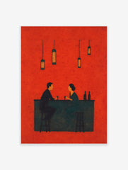 Minimalist illustrative art print of two people at a bar counter with drinks, against a red background with teal bar and