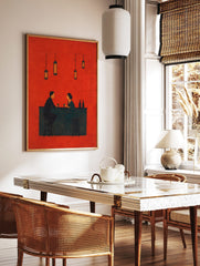 Minimalist illustrative art print of two people at a bar counter with drinks, against a red, in a styled room mockup