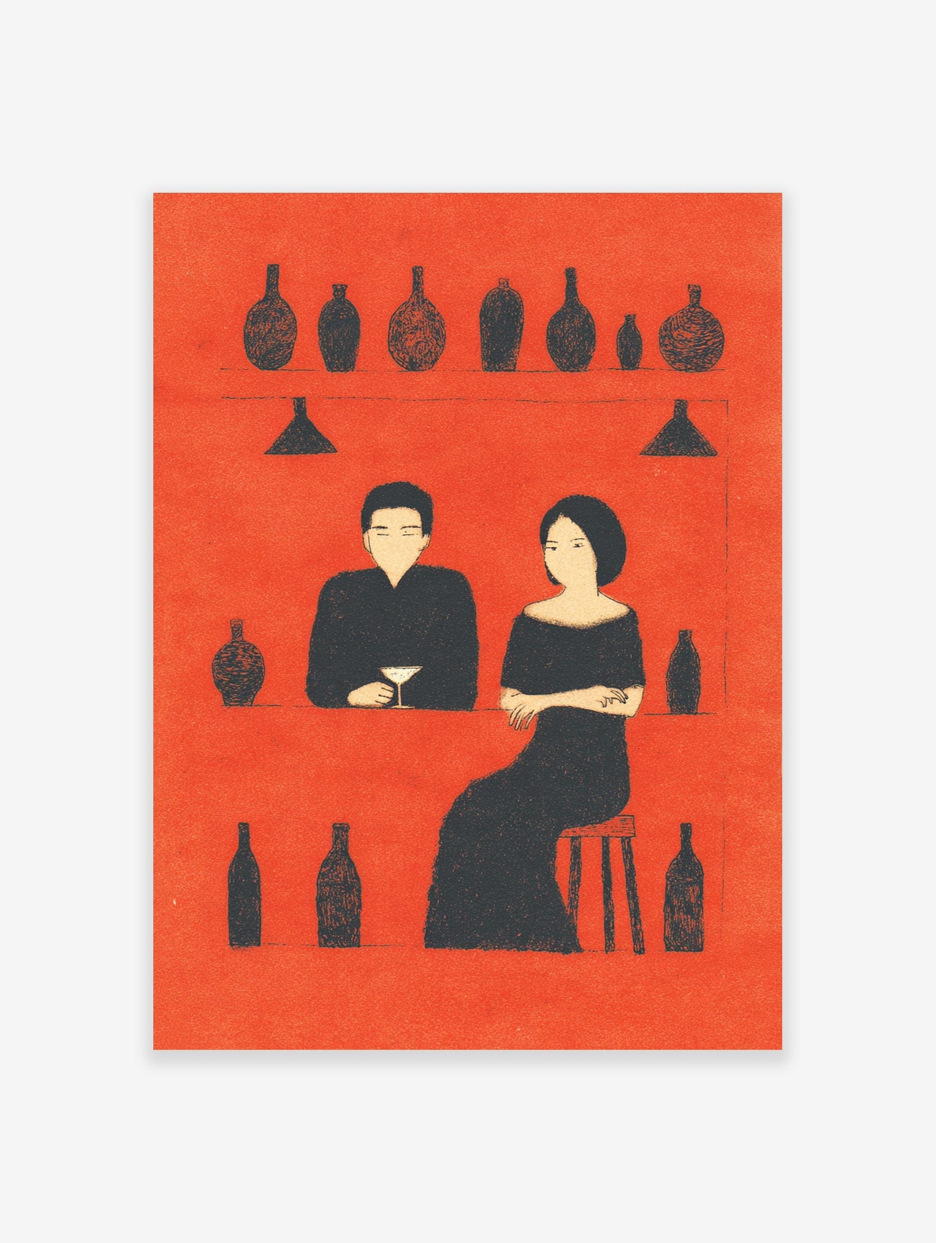 Minimalist bar scene art print with a man and woman in black silhouettes against a red background