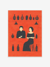 Minimalist bar scene art print with a man and woman in black silhouettes against a red background