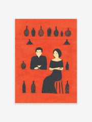 Minimalist bar scene art print with a man and woman in black silhouettes against a red background