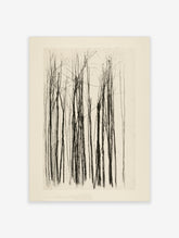 Minimalist wall art print featuring bold black vertical lines depicting bare tree trunks on a neutral cream background