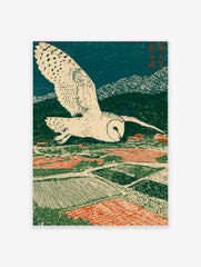 Stylised barn owl flying over patterned green and red fields with a village under a dark blue sky, in woodblock print style