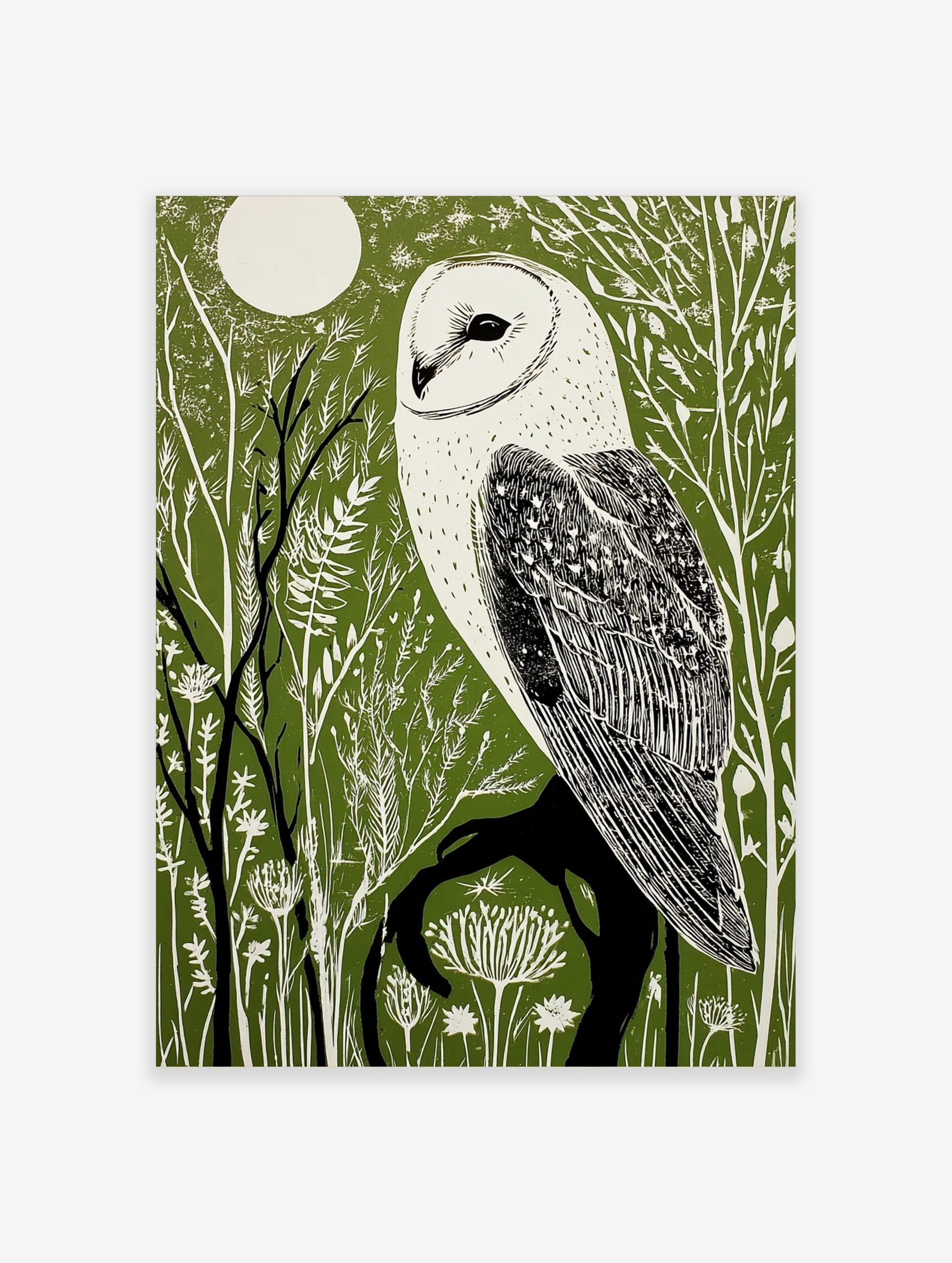 Illustrative barn owl print with white owl on a dark branch against a dark green forest and white moon