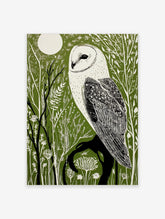 Illustrative barn owl print with white owl on a dark branch against a dark green forest and white moon