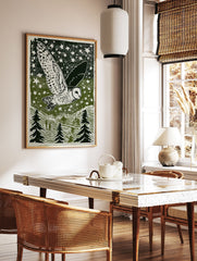 Barn owl flying across a starry night sky above a forest of pine trees, in a green and white linocut style print. - Image 3