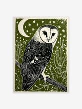 Barn owl linocut print on a dark green background with a white crescent moon, stars, and foliage.