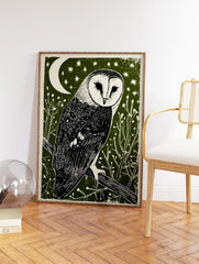 Barn owl linocut print on a dark green background with a white crescent moon, stars, and foliage. - Image 2