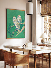 Three barn owls perched on a bare branch against a green background in a Japanese illustration style. - Image 2