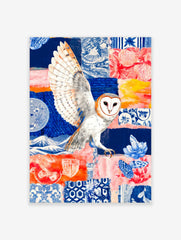 Barn owl in flight over a colourful collage background with blue Japanese patterns, red flowers, and mountains