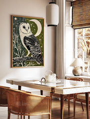 Barn owl illustration art print with a crescent moon and stars on a dark green and olive green background. - Image 3
