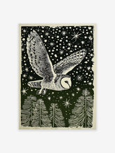 Barn owl flying at night over pine trees under a starry sky, depicted in a dark green and cream woodcut style art print.