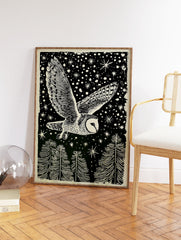 Barn owl flying at night over pine trees under a starry sky, depicted in a dark green and cream woodcut style art print. - Image 2