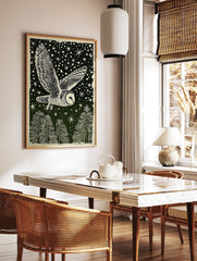 Barn owl flying at night over pine trees under a starry sky, depicted in a dark green and cream woodcut style art print. - Image 3