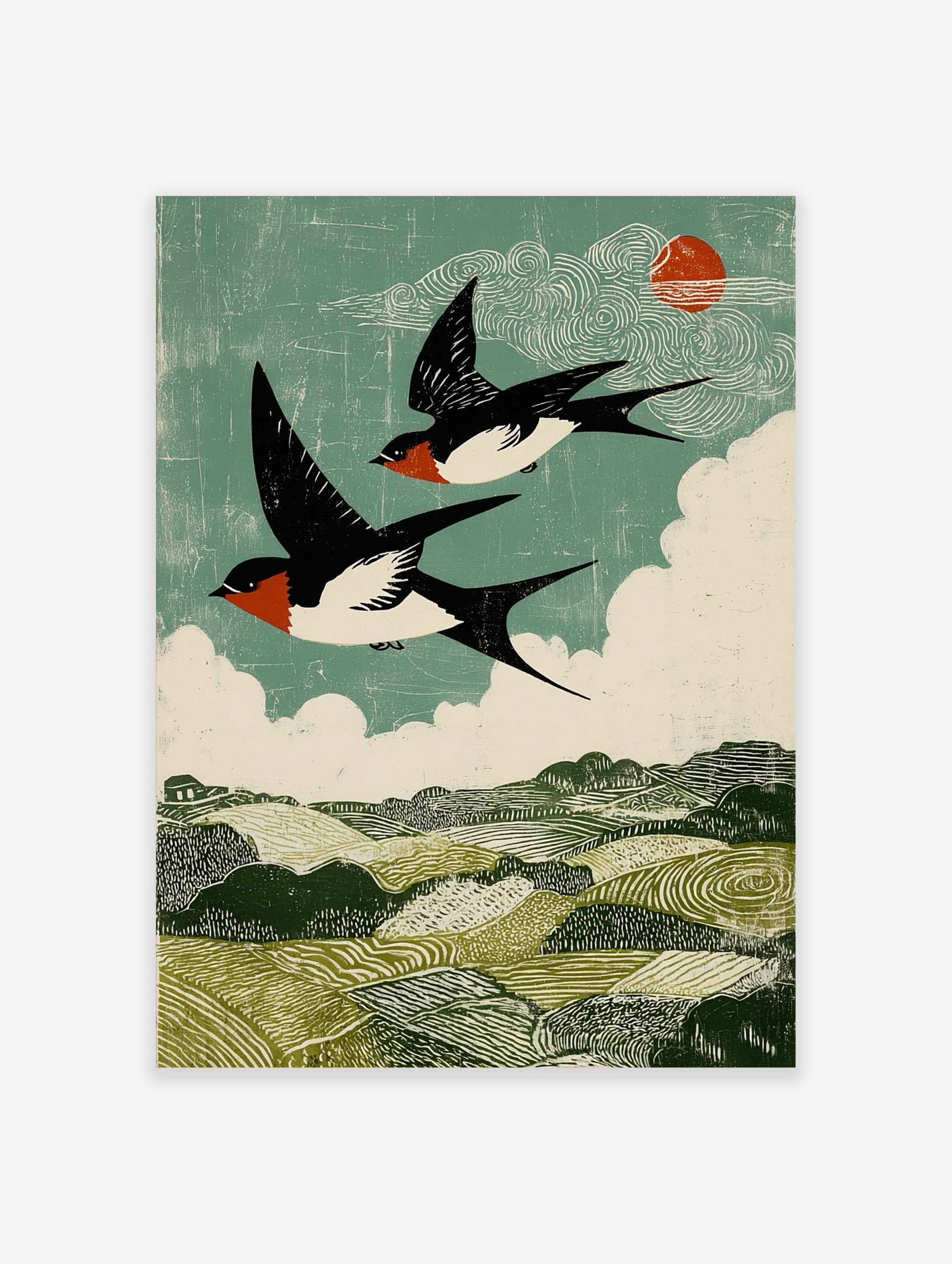 Two barn swallows flying over green hills under a teal sky with white clouds and red sun in woodcut style