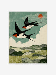 Two barn swallows flying over green hills under a teal sky with white clouds and red sun in woodcut style