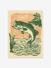 Vintage style illustration of a green bass fish jumping out of water with orange sky background, a fishing wall art print.