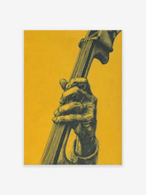 Detailed illustration of a hand playing an upright bass against a vibrant yellow background. Music poster art.