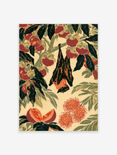 Hanging bat with orange wings among red peaches and rambutan fruit on beige background