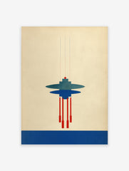 Bauhaus abstract geometric art print with blue and red shapes resembling a hanging structure on a light background.