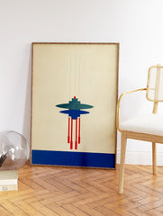 Bauhaus abstract geometric art print with blue and red shapes resembling a hanging structure on a light background. - Image 2