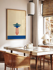 Bauhaus abstract geometric art print with blue and red shapes resembling a hanging structure on a light background. - Image 3