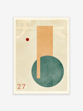 Geometric art print with orange rectangle, teal circle, and red dot on beige background