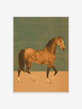 Illustrative bay horse walking in profile against a two-tone teal and beige background art print