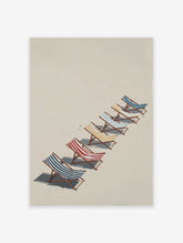 Beach chairs poster with blue, red, and yellow striped chairs lined up on a beige sandy beach under sunlight.