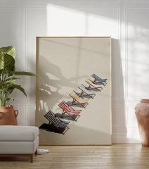 Beach chairs poster with blue, red, and yellow striped chairs lined up on a beige sandy beach under sunlight. - Image 3